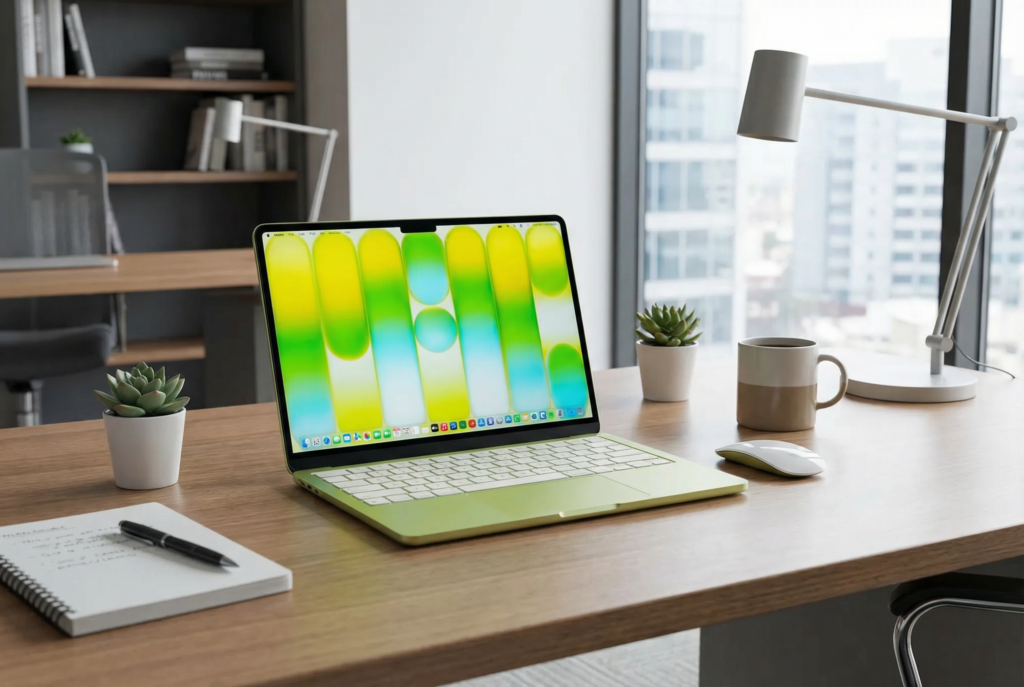 Macbook Neo sobre uma mesa de madeira num escritório.
