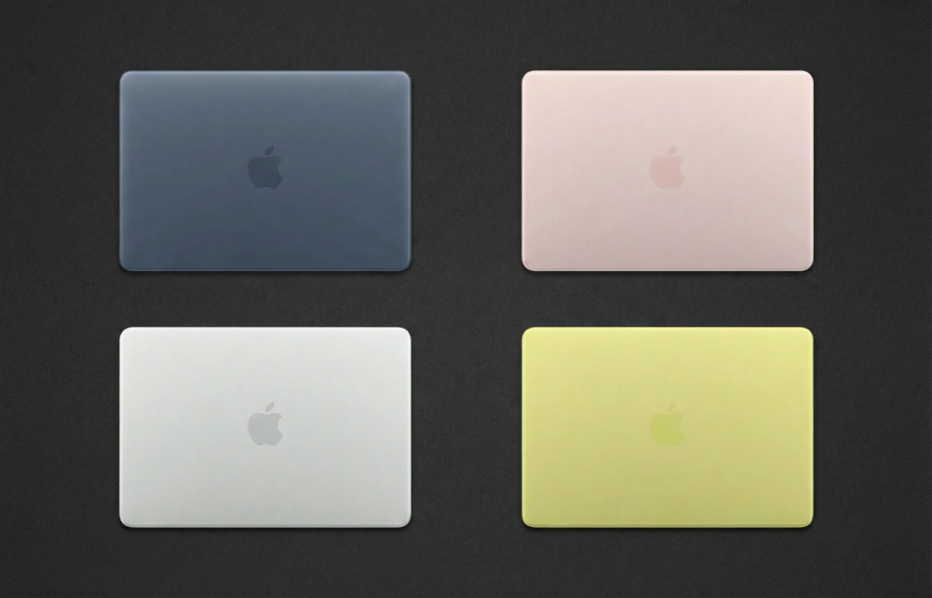 Quatro MacBook Neo vistos de cima em quatro cores diferentes azul escuro, rosa claro, prata e amarelo-esverdeado, sobre um fundo escuro.