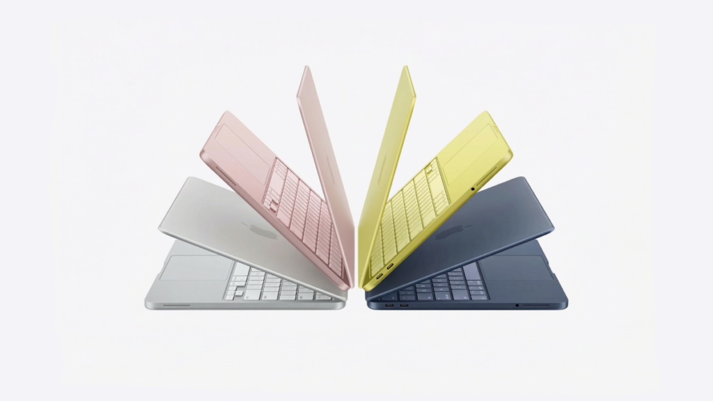 Quatro cores do MacBook Neo. O design é fino e minimalista.