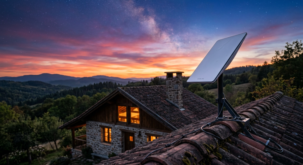 Antena da Starlink instalada no telhado de uma casa de campo.