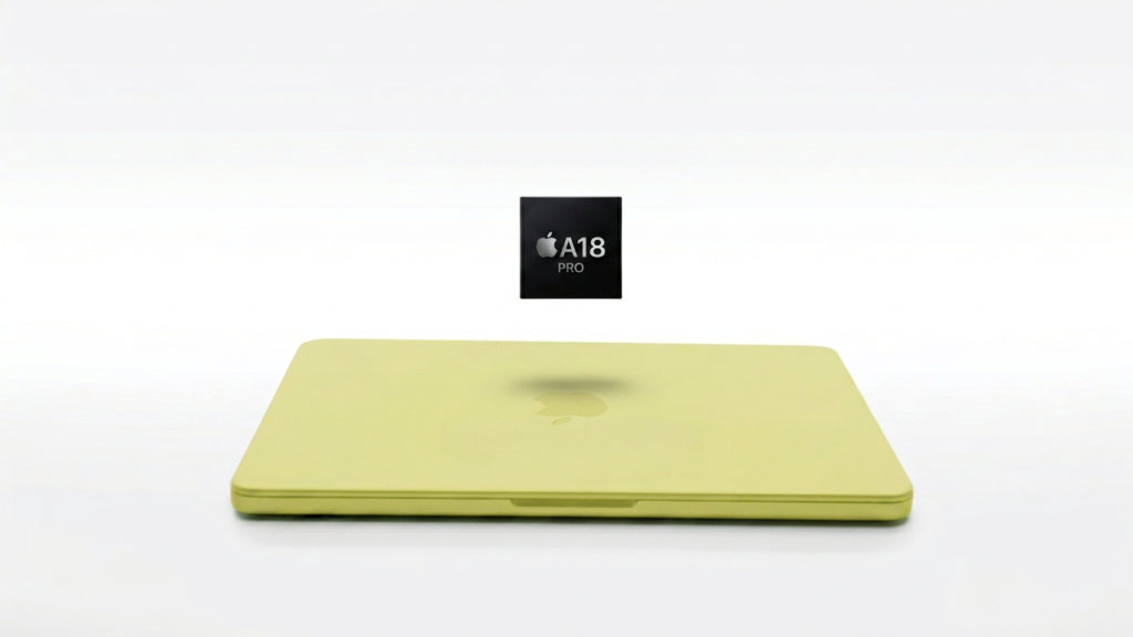 MacBook NEO verde com chip A18 Pro em destaque acima do dispositivo