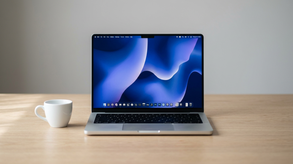 MacBook Neo Cinza aberto sobre mesa de madeira com xícara de café ao lado