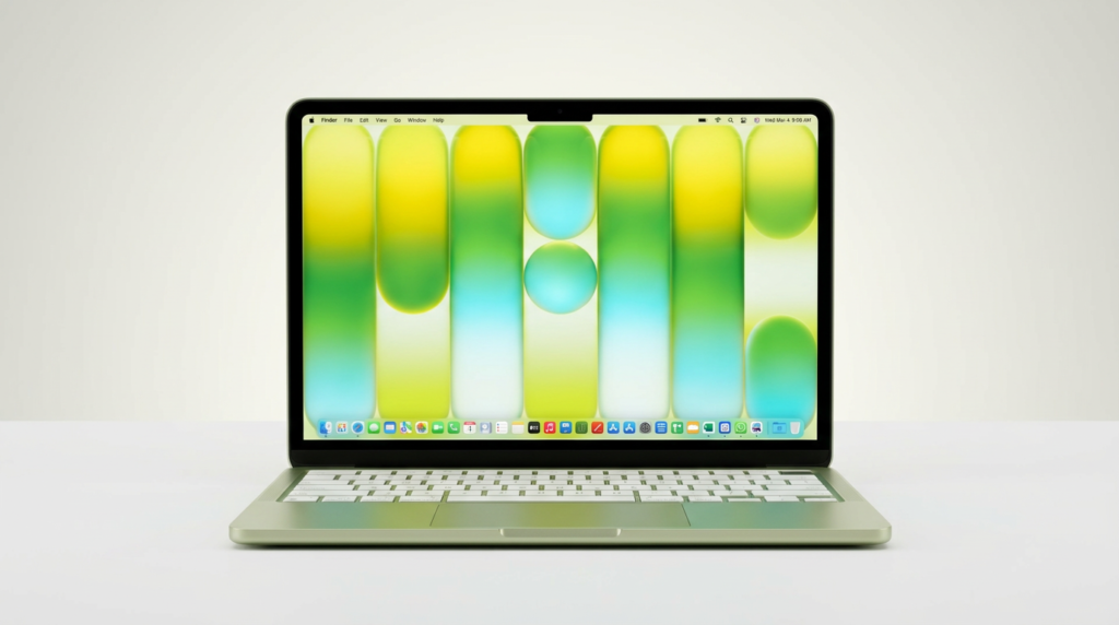 MacBook Neo verde aberto sobre uma mesa.