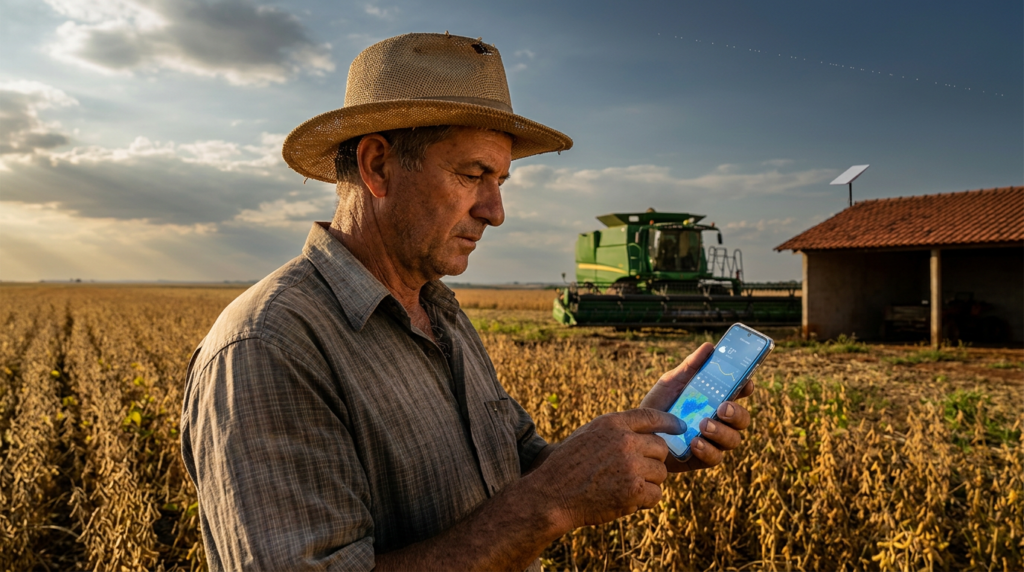 Produtor rural brasileiro consultando aplicativo de previsão do tempo no celular em meio a uma lavoura, ao entardecer, com campo aberto ao fundo.