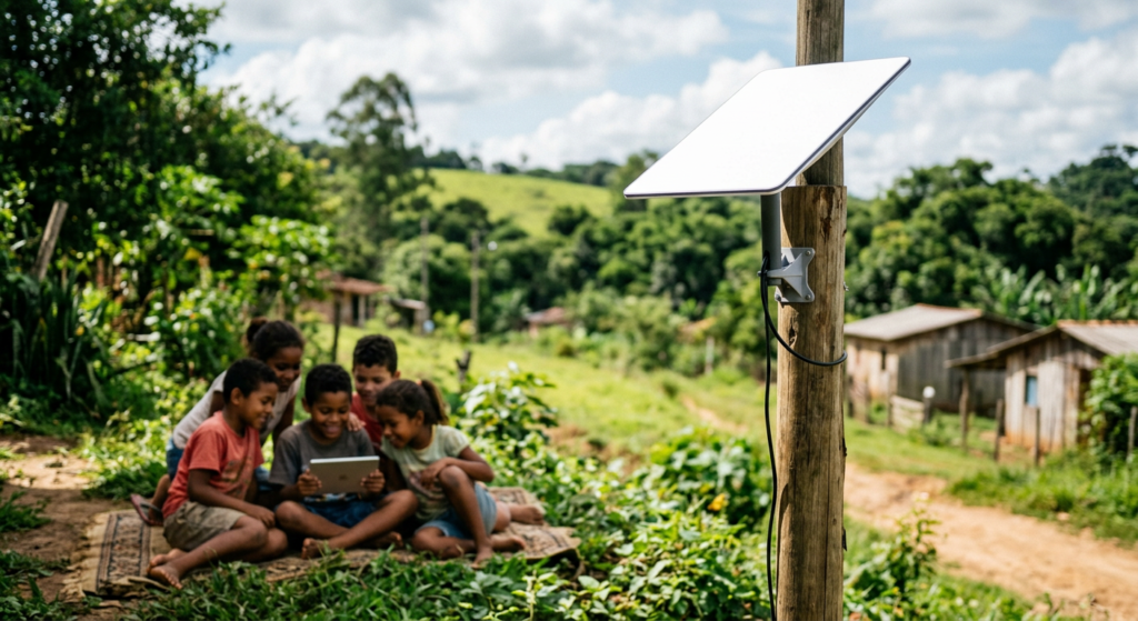 Crianças em uma área rural olhando para um tablet, conectadas através de uma antena Starlink de internet via satélite instalada em um poste de madeira próximo a elas.