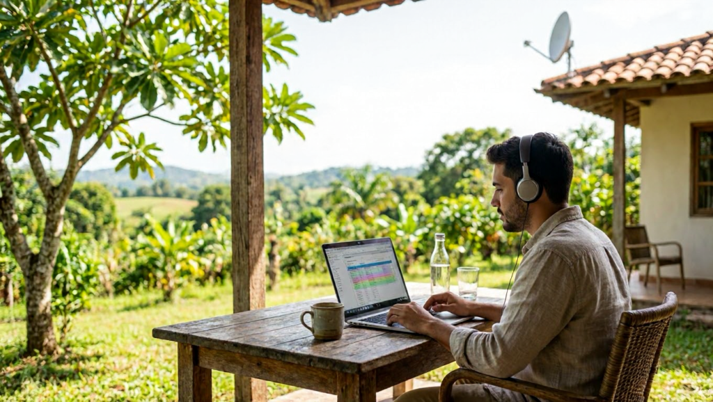 homem trabalhando no notebook em uma varanda de chácara, com vegetação ao fundo e antena Starlink visível ao longe.