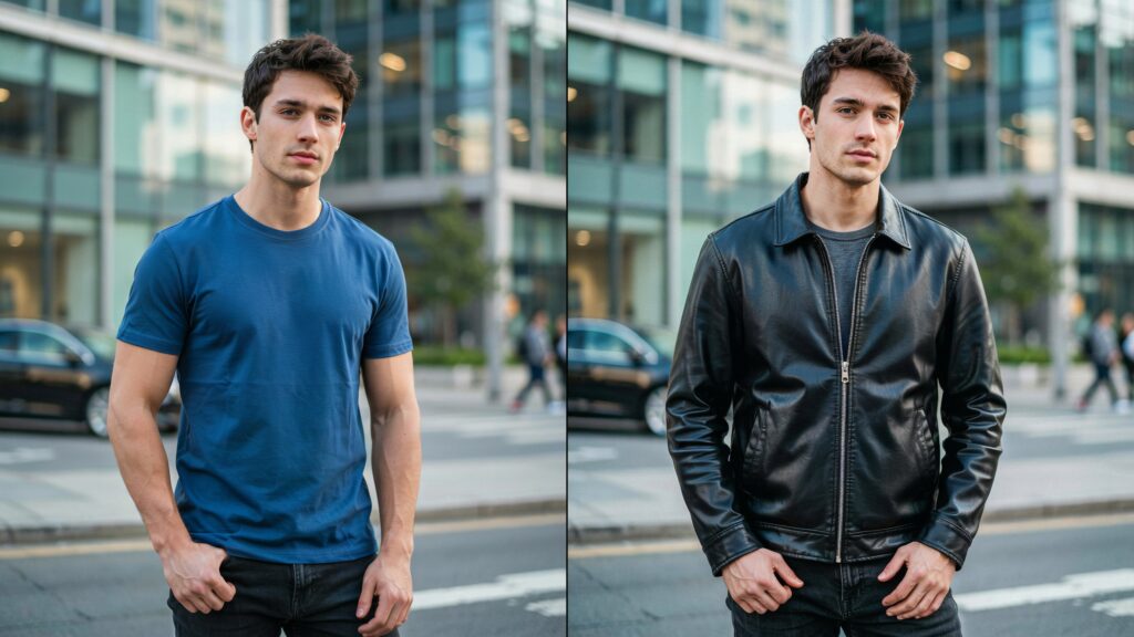 Comparação lado a lado mostrando a mesma pessoa antes e depois de uma edição de roupa feita por inteligência artificial.
