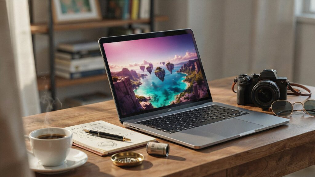 Mesa de fotógrafo profissional com laptop aberto exibindo uma imagem gerada por IA, câmera e caderno ao lado, iluminação natural vinda da janela.
