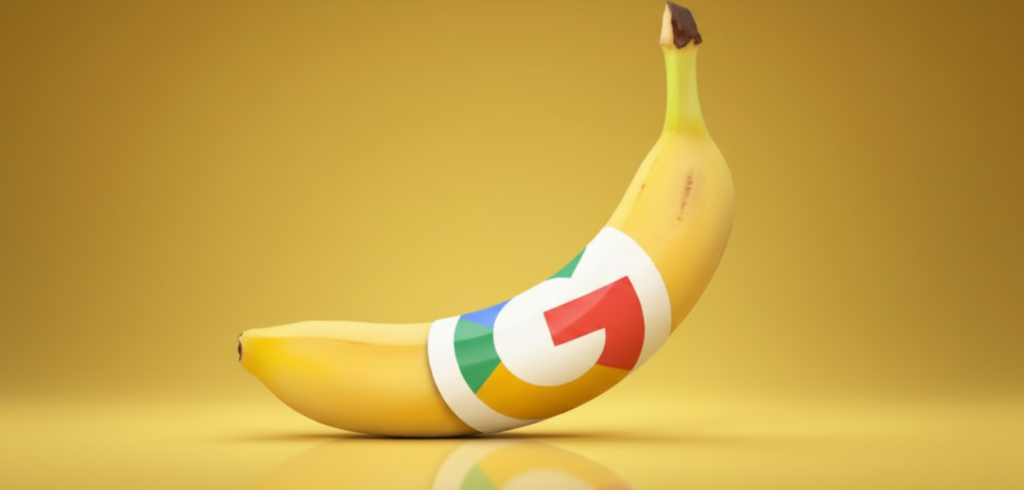 Ilustração de uma banana amarela com uma faixa colorida inspirada nas cores do Google, em fundo amarelo, representando o modelo de IA Nano Banana.