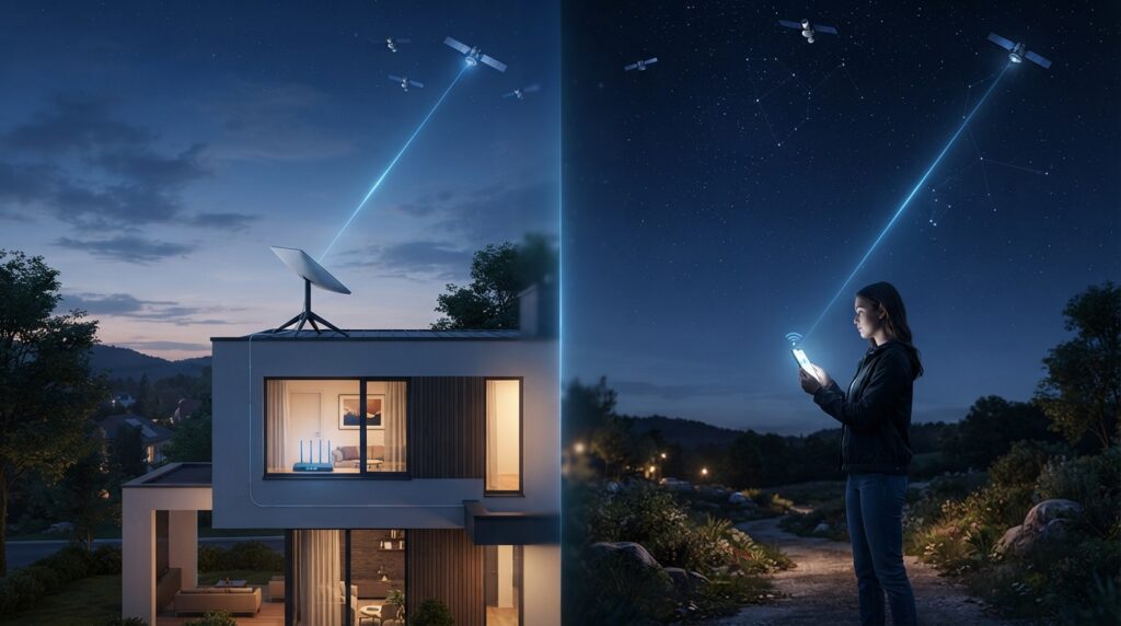 Comparação visual entre Starlink tradicional com antena Dishy instalada em casa e Starlink Direct to Cell conectando direto ao celular