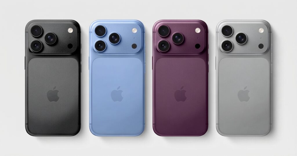Quatro modelos do iPhone 18 vistos pela traseira nas cores preto, azul-claro, roxo e prata, sobre fundo cinza-claro.