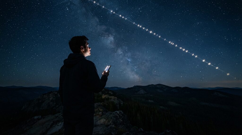 Homem observa satélites Starlink no céu enquanto usa o celular
