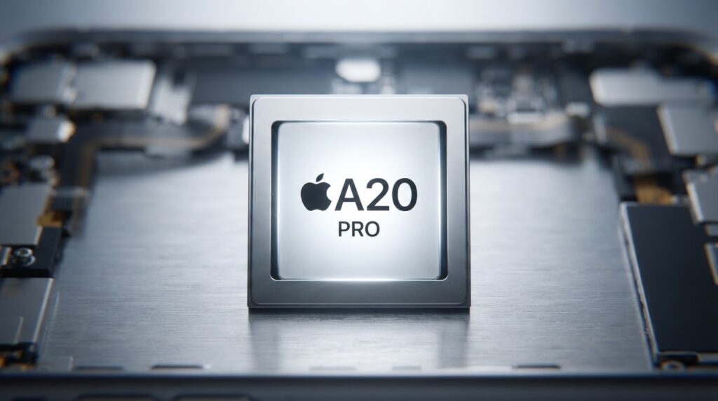 Ilustração conceitual do chip Apple A20 Pro em destaque sobre uma placa de circuito
