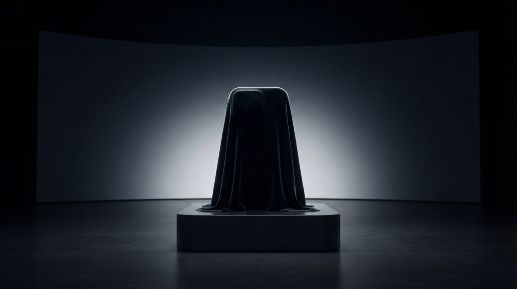 Palco de apresentação de tecnologia com um smartphone coberto por um tecido preto, criando uma silhueta que representa a expectativa pelo lançamento do iPhone 18.