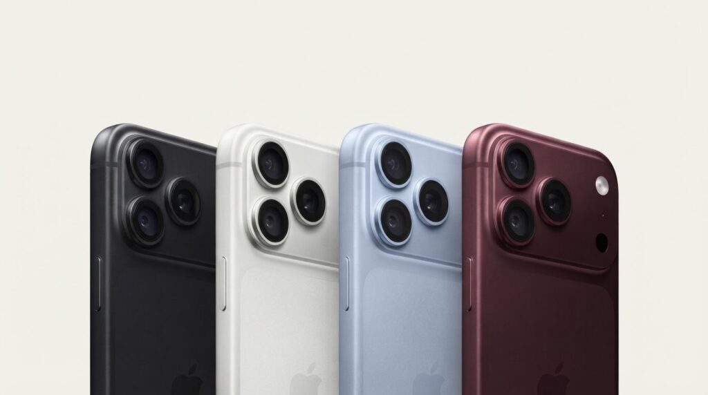Quatro cores do IPhone 18, preto, cinza, azul-claro e vermelho.