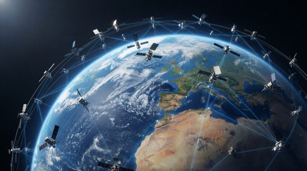 Satélites Starlink de baixa órbita orbitando a Terra e formando uma constelação para conectar celulares diretamente ao espaço.
