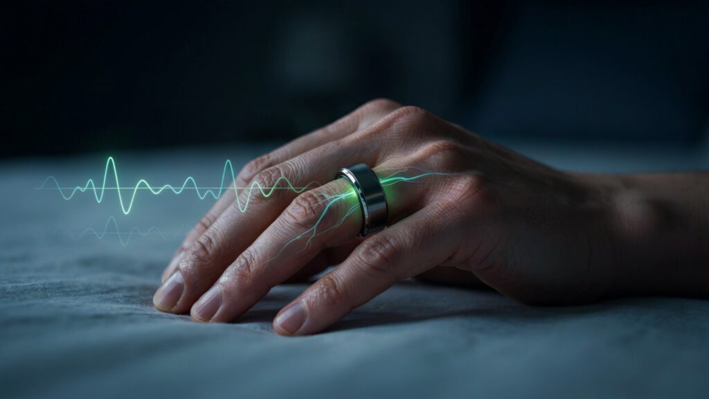 Sensor PPG de um anel inteligente emitindo luz verde no dedo durante o sono, com sobreposição gráfica mostrando o sinal do batimento cardíaco e da respiração.