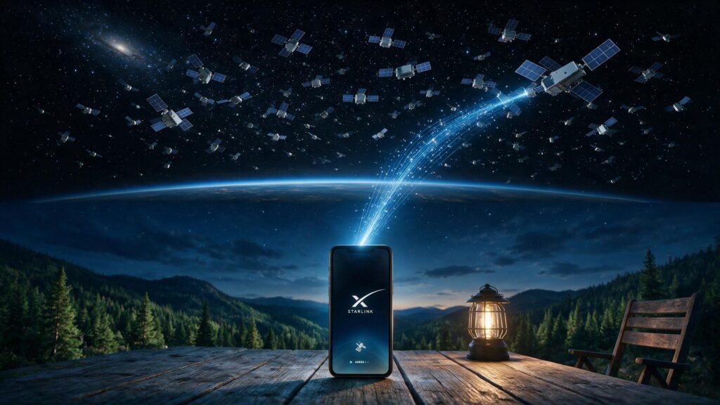 Um smartphone se conectando a satélites Starlink 