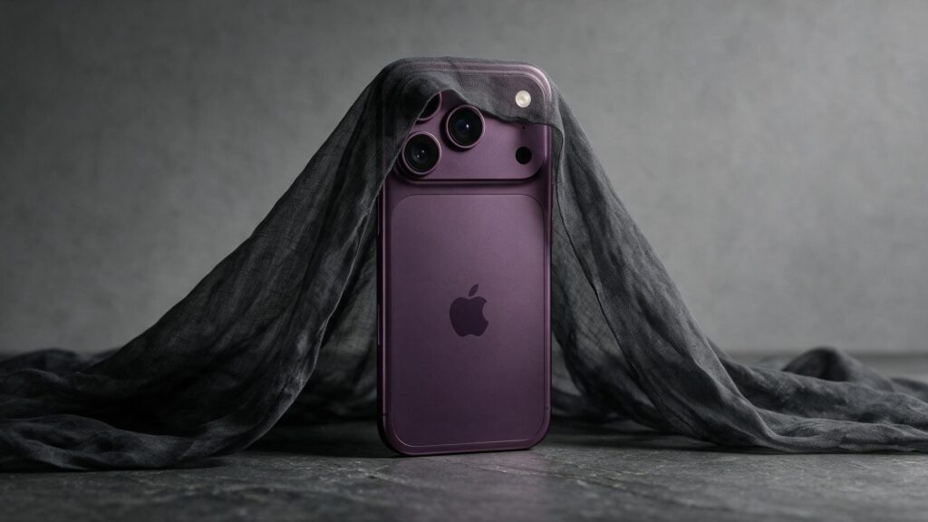 iPhone 18 coberto por um tecido cinza em uma apresentação misteriosa, destacando o possível design do próximo celular da Apple antes do lançamento oficial.