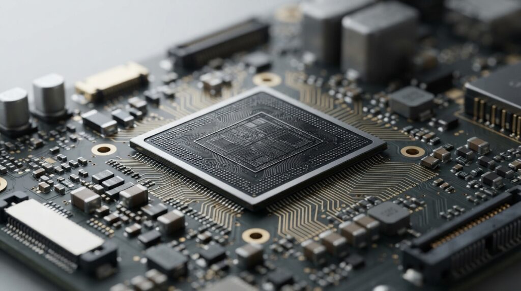 um processador de smartphone de última geração sobre uma placa eletrônica, representando o chip A20 de 2 nanômetros do iPhone 18