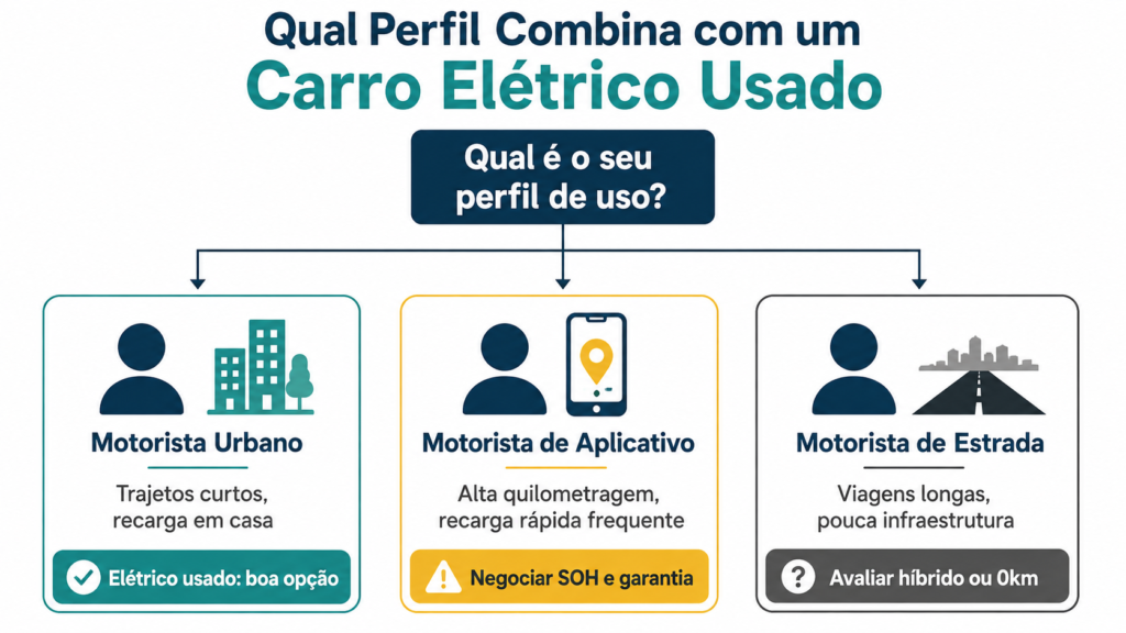 Árvore de decisão mostrando o perfil ideal de comprador de carro elétrico usado: urbano, aplicativo ou rodovia