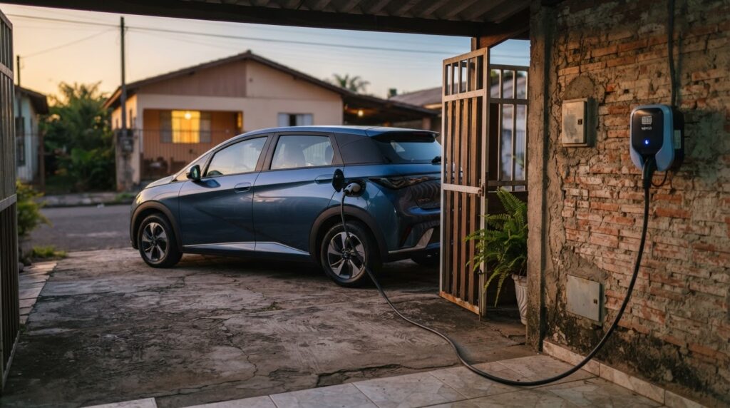 Carro elétrico usado carregando em garagem residencial com carregador wallbox