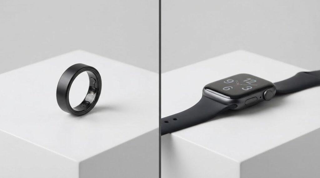 Comparação visual minimalista entre um anel inteligente e um smartwatch lado a lado, representando as diferenças de formato entre os dois wearables.