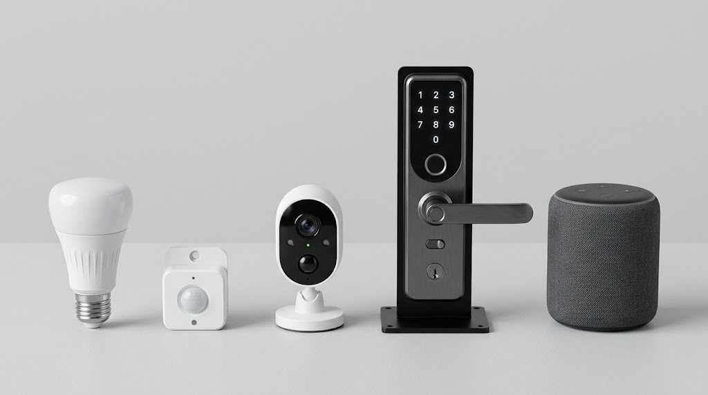 Dispositivos de casa inteligente com lâmpada, sensor, câmera, fechadura digital e smart speaker lado a lado