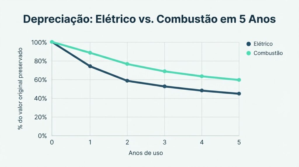 Gráfico comparando a curva de depreciação de carro elétrico usado e carro a combustão em 5 anos
