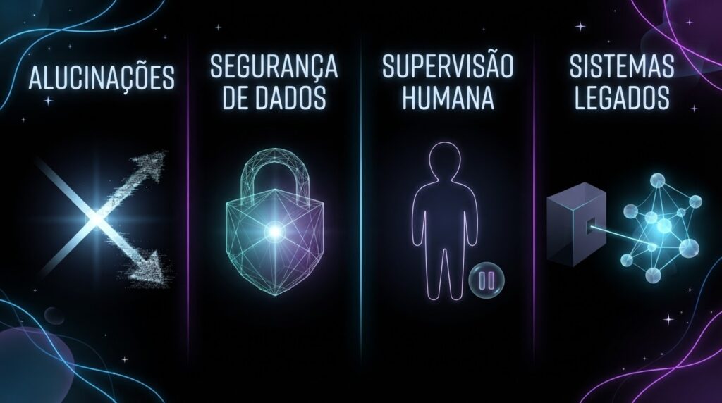 Ícones dos principais riscos na implementação de agentes de IA