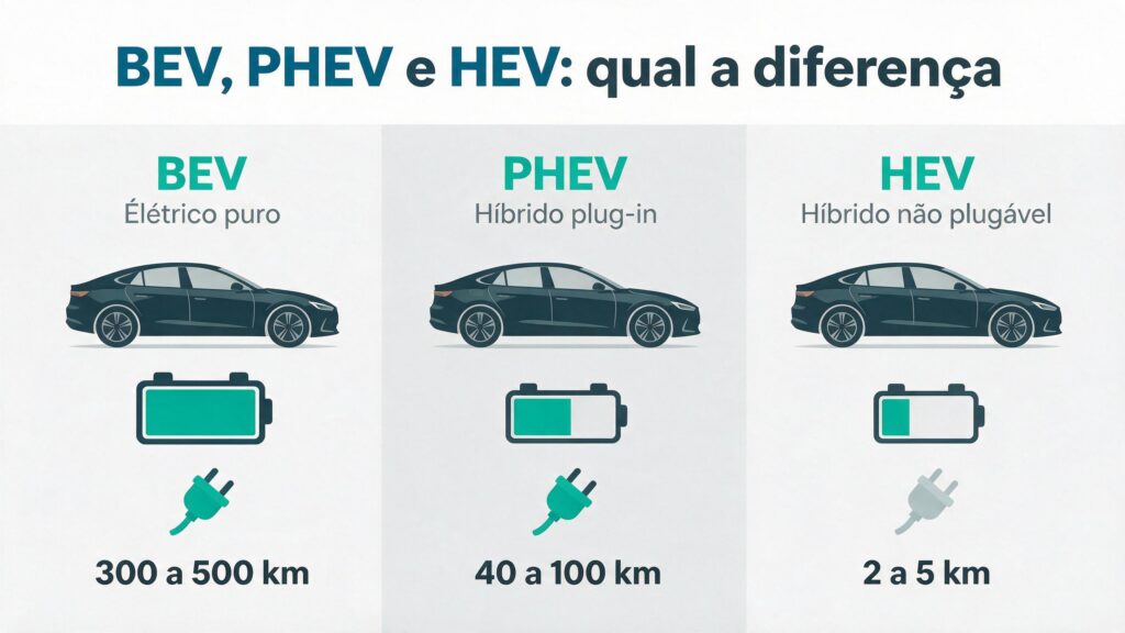 Infográfico comparando bateria, entrada de recarga e autonomia elétrica de carro BEV, PHEV e HEV