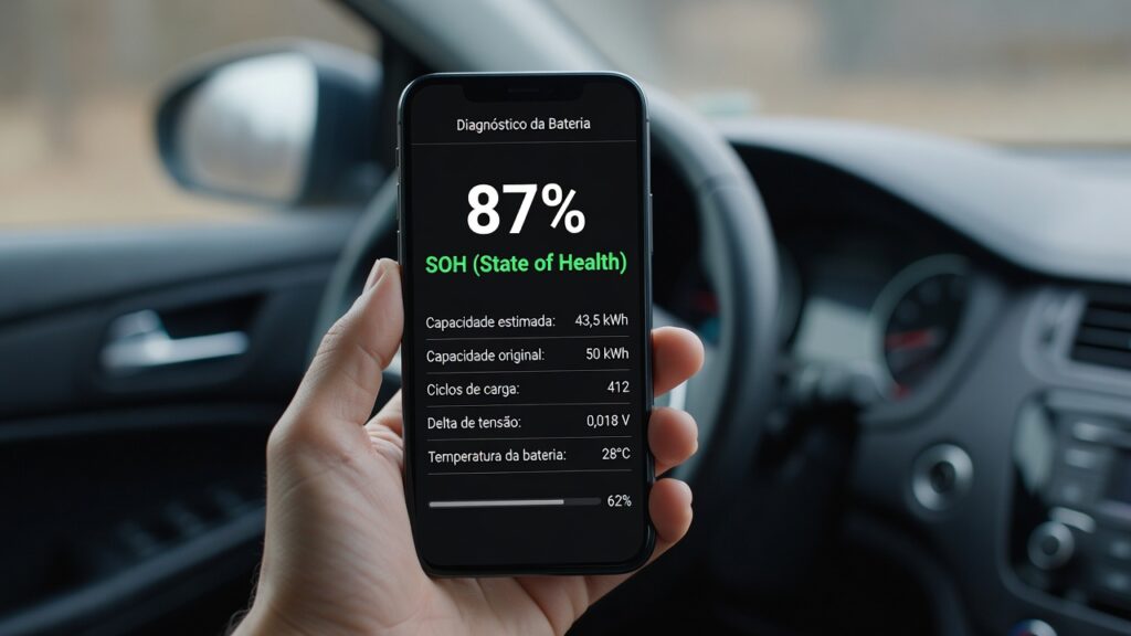 Tela de aplicativo de diagnóstico mostrando o SOH da bateria de um carro elétrico usado