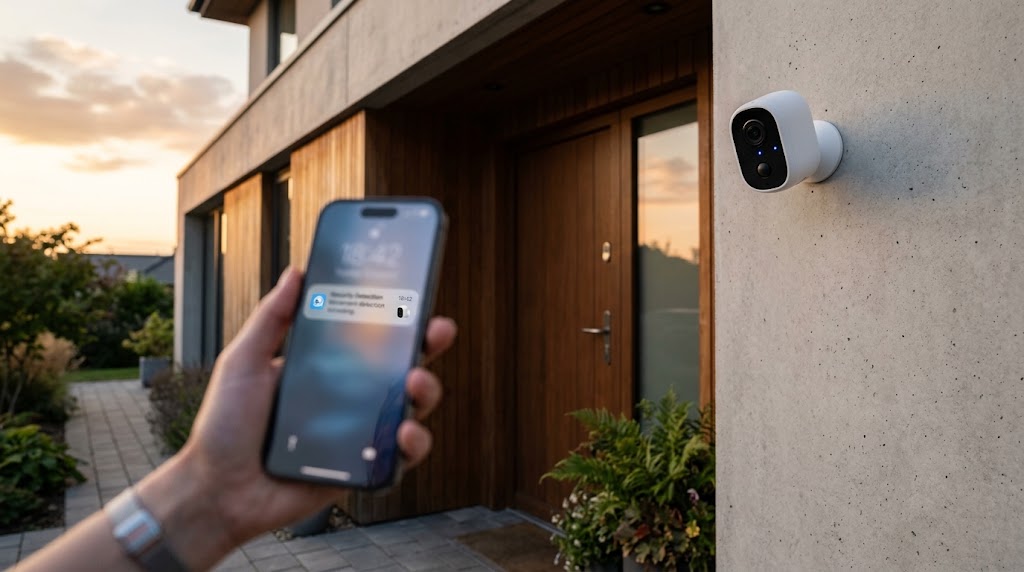 Câmera de segurança Wi-Fi instalada ao lado da porta de uma casa moderna, com celular exibindo alerta de movimento detectado.