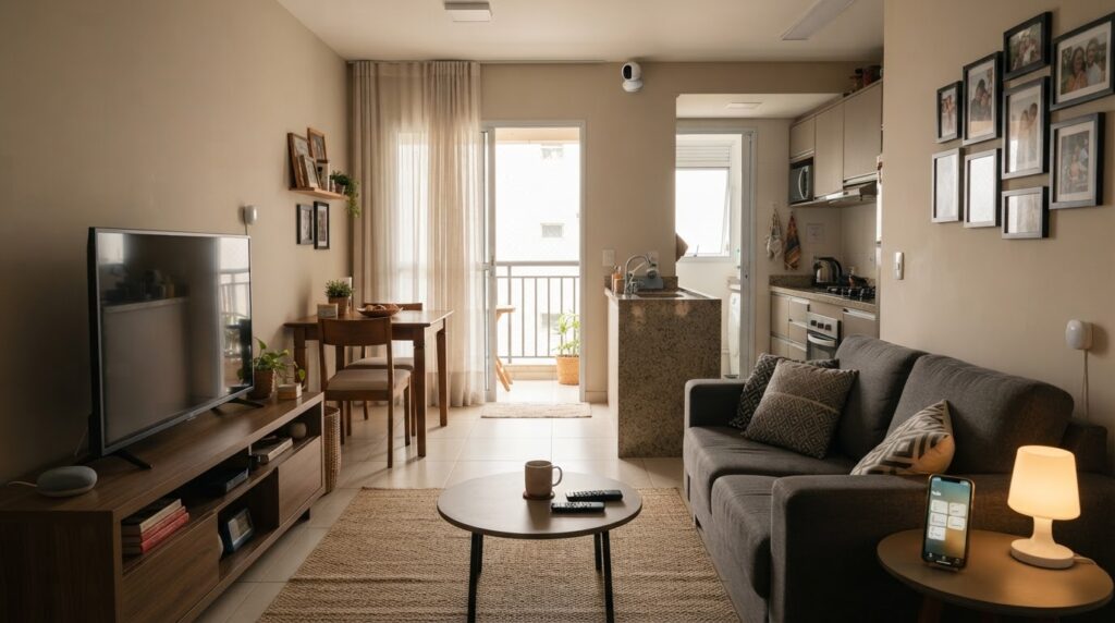 Casa brasileira moderna com dispositivos de automação residencial, incluindo iluminação inteligente, câmera de segurança, sensor de presença e smartphone.