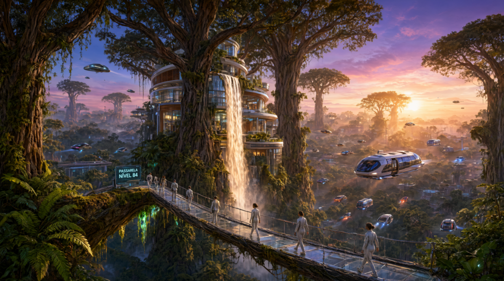 Cidade futurista construída entre árvores gigantes em uma floresta tropical, com edifícios integrados às copas, veículos voadores, pontes suspensas, cachoeiras atravessando estruturas de vidro e pessoas circulando pela paisagem durante o amanhecer.