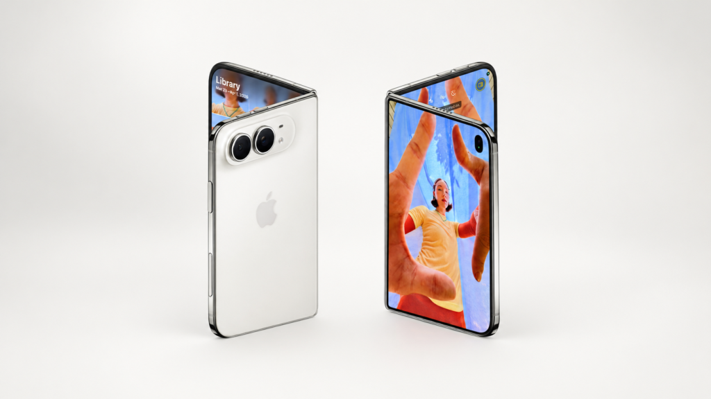 IPhone Duo dobrável branco em um fundo minimalista.