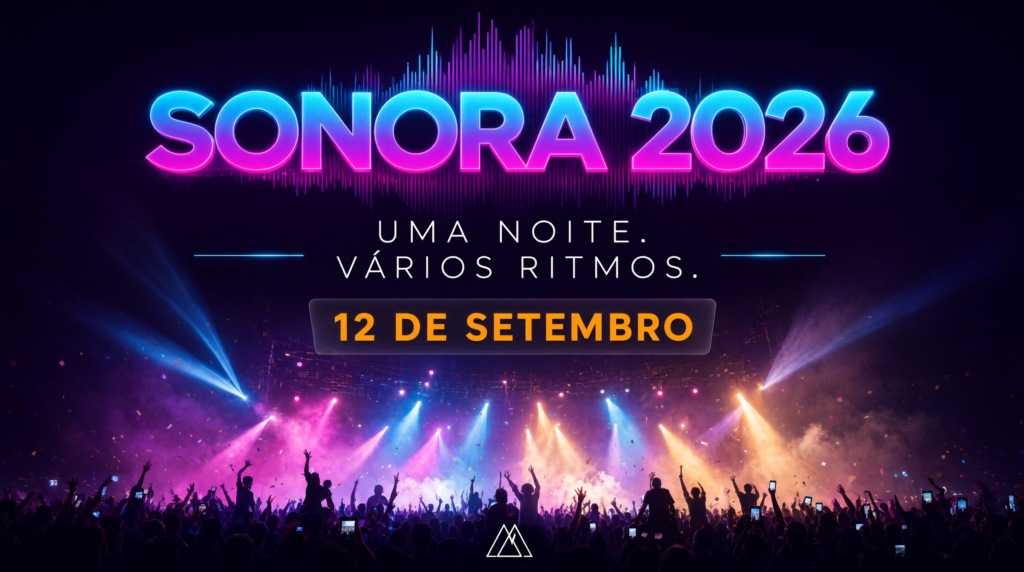 Pôster vertical de um festival de música chamado “SONORA 2026”, com o slogan “UMA NOITE. VÁRIOS RITMOS.” e a data “12 DE SETEMBRO”, apresentando um palco iluminado, feixes de luz, fumaça e silhuetas de uma multidão em uma atmosfera energética de show ao vivo.