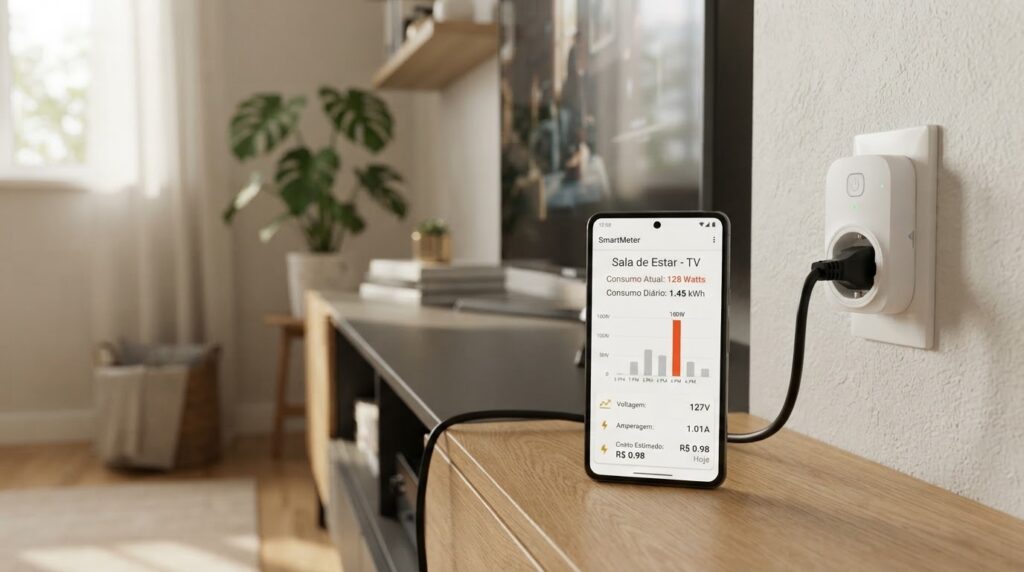Tomada inteligente conectada a aparelho eletrônico ao lado de celular exibindo o consumo de energia em kWh.