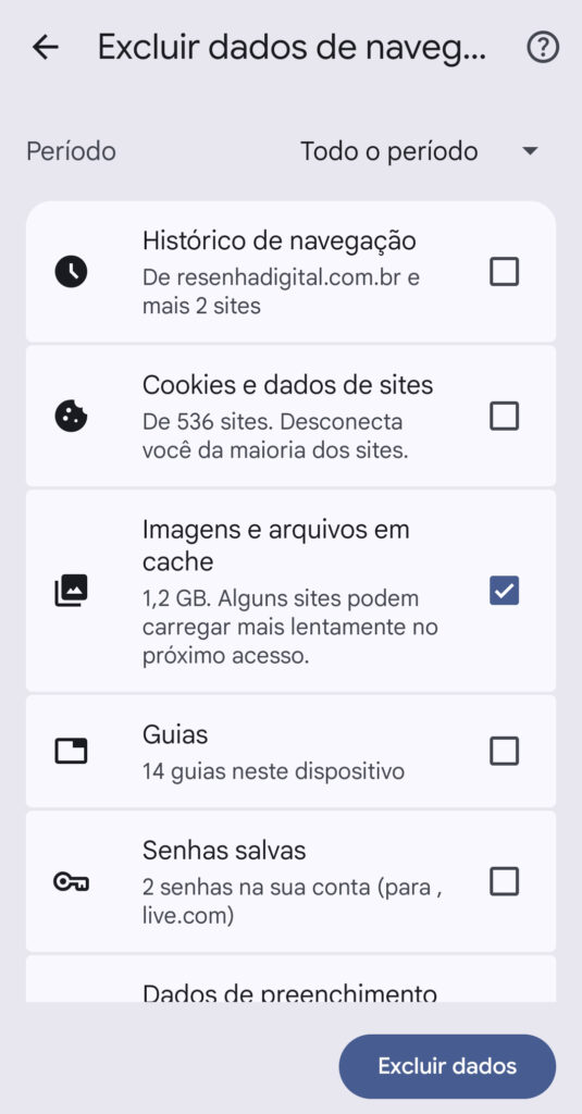 Tela Excluir dados de navegação do Chrome no Android com o seletor de período no topo e a opção Imagens e arquivos armazenados em cache marcada