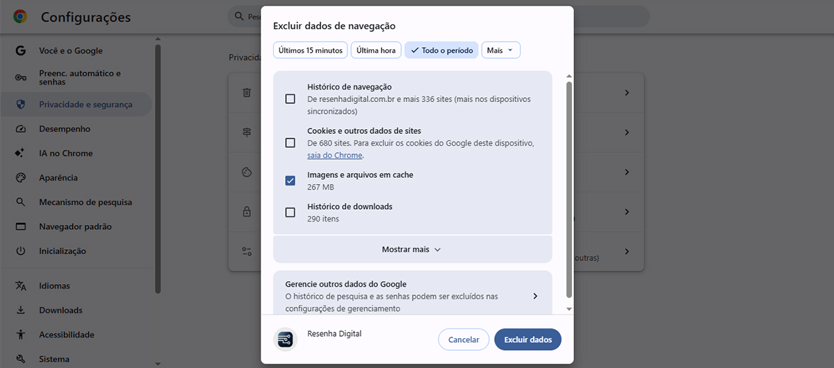 Janela Excluir dados de navegação do Google Chrome no computador, com o período Todo o período selecionado e apenas a opção Imagens e arquivos armazenados em cache marcada