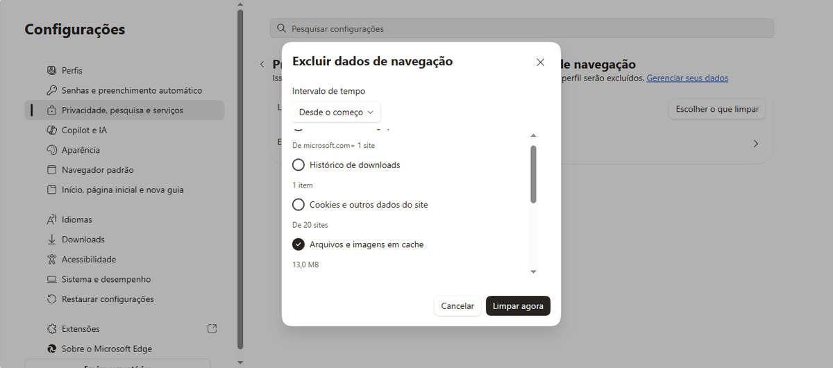 Painel Limpar dados de navegação do Microsoft Edge no computador, com o intervalo de tempo selecionado e apenas a opção Arquivos e imagens em cache marcada