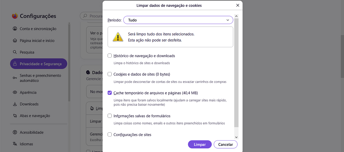 Janela Limpar dados do Mozilla Firefox no computador, com apenas a opção Conteúdo armazenado em cache marcada