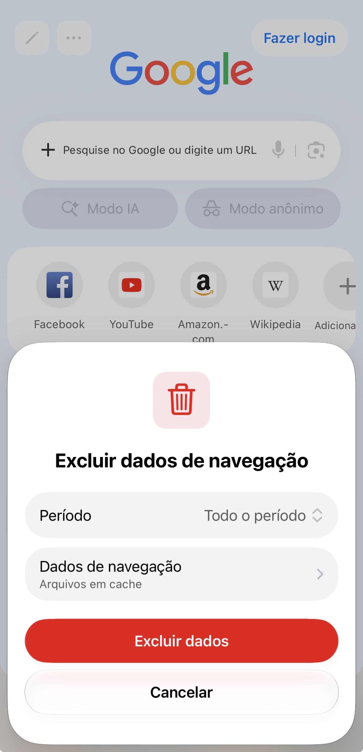 Janela de confirmação do Safari no iPhone para excluir dados de navegação 