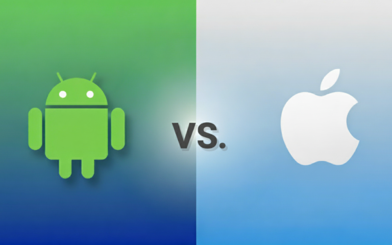 Logotipo do Android (robô verde) à esquerda, um "VS" cinza escuro no centro e o logotipo da Apple (maçã mordida branca) à direita, sobre um fundo gradiente dividido em verde (esquerda) e azul (direita), simbolizando a comparação entre os dois sistemas operacionais.