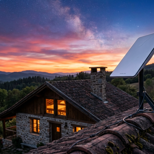 Antena da Starlink instalada no telhado de uma casa de campo.