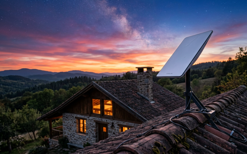Antena da Starlink instalada no telhado de uma casa de campo.