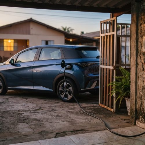 Carro elétrico usado carregando em garagem residencial com carregador wallbox