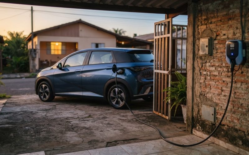 Carro elétrico usado carregando em garagem residencial com carregador wallbox