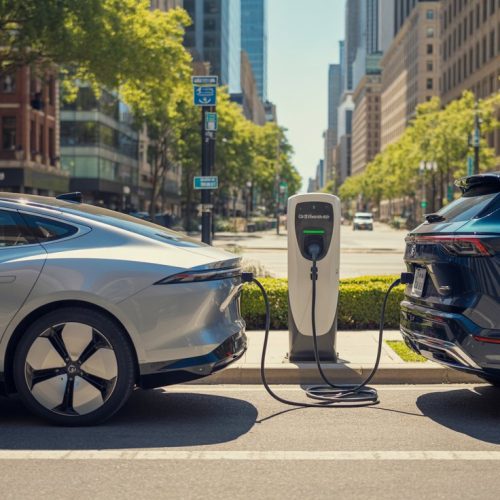 Ilustração comparativa entre um carro elétrico e um carro híbrido