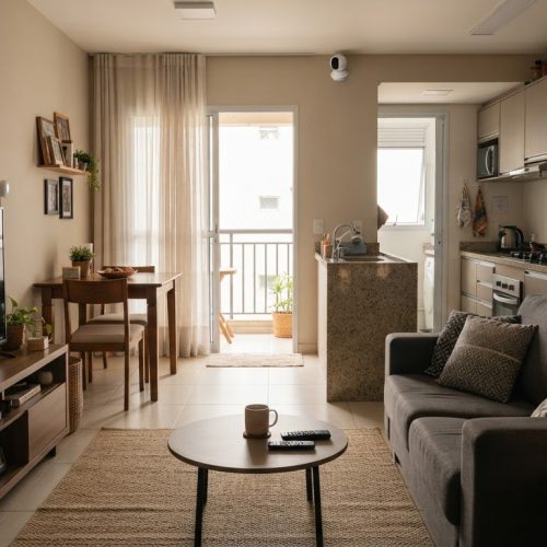 Casa brasileira moderna com dispositivos de automação residencial, incluindo iluminação inteligente, câmera de segurança, sensor de presença e smartphone.